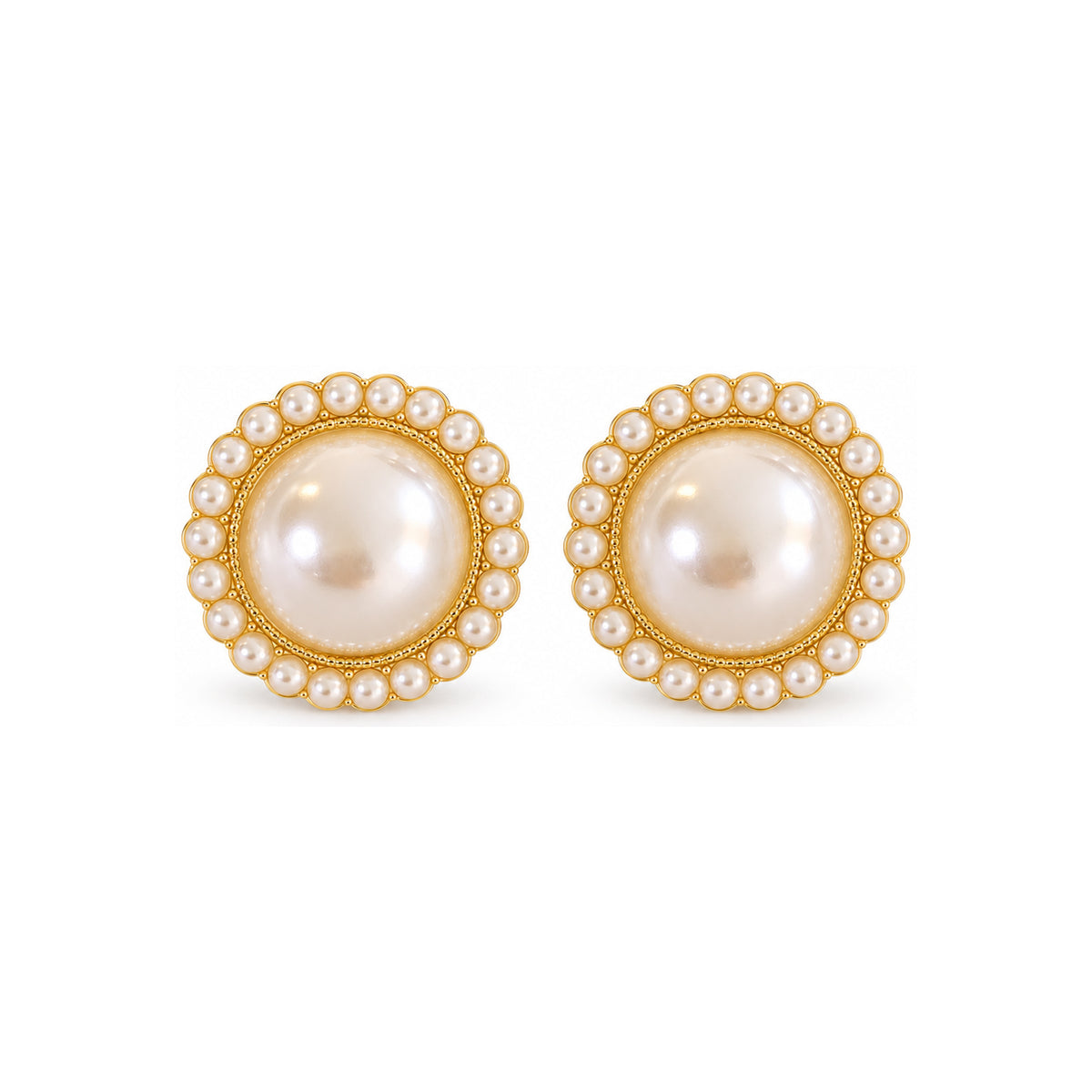 Round Pearl-Look Halo Stud Earrings — front pair on white
