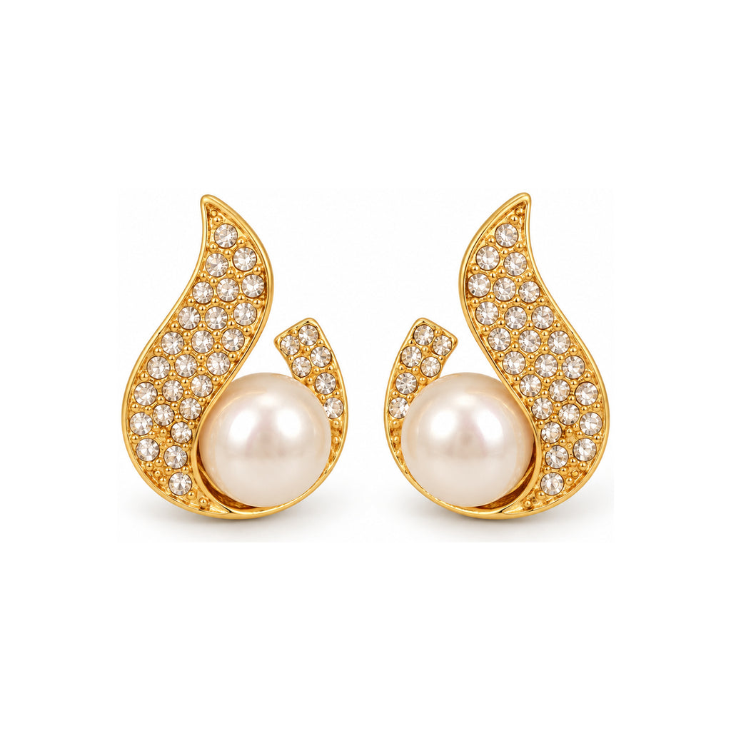 Gold-Tone Teardrop Pearl-Look Stud Earrings — front pair on white