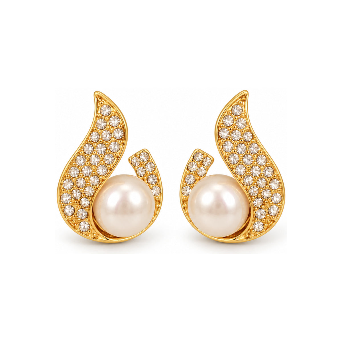 Gold-Tone Teardrop Pearl-Look Stud Earrings — front pair on white