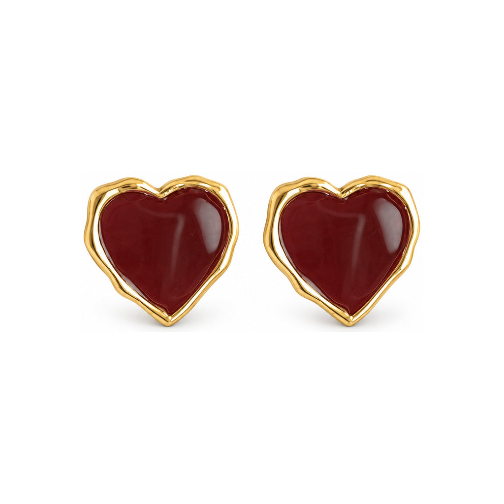 Burgundy Heart Gold-Tone Stud Earrings — front pair on white