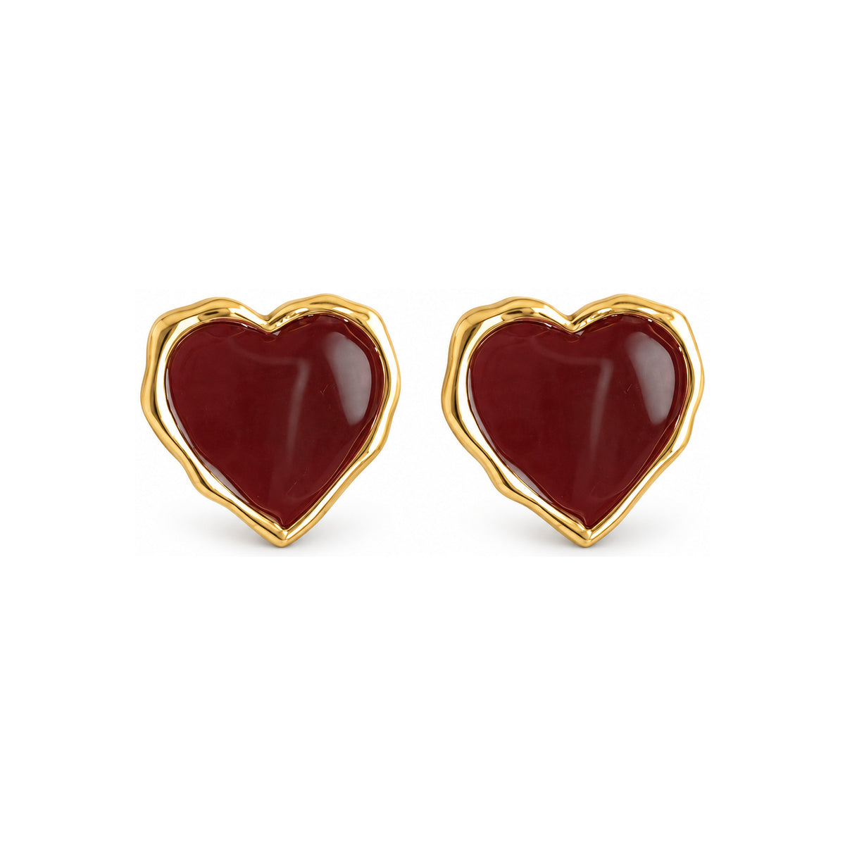Burgundy Heart Gold-Tone Stud Earrings — front pair on white