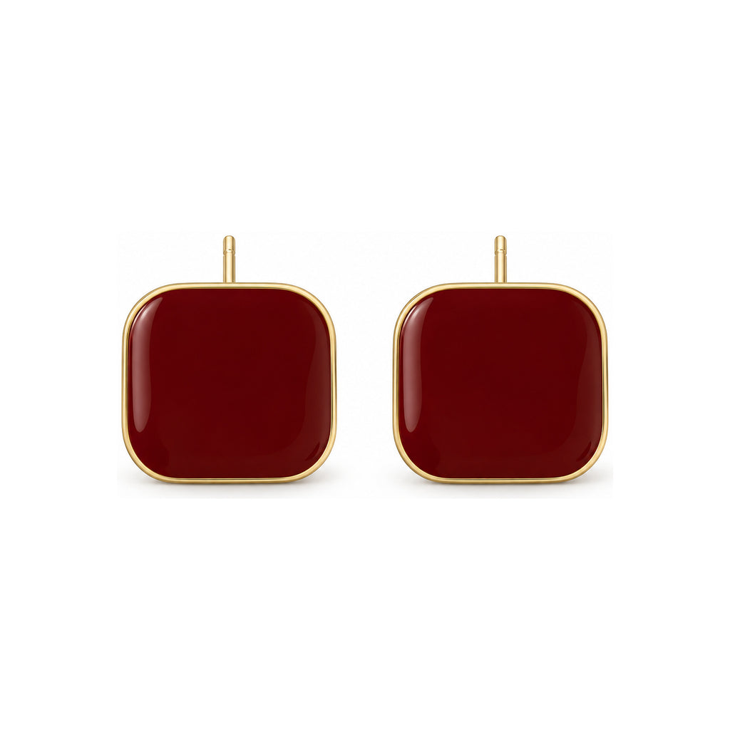 Burgundy Rounded Square Stud Earrings — front pair on white
