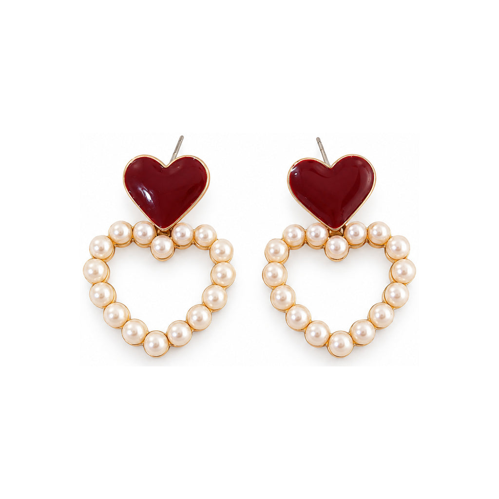 Burgundy Heart Pearl-Look Hoop Drop Earrings — front pair on white
