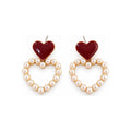 Burgundy Heart Pearl-Look Hoop Drop Earrings — front pair on white
