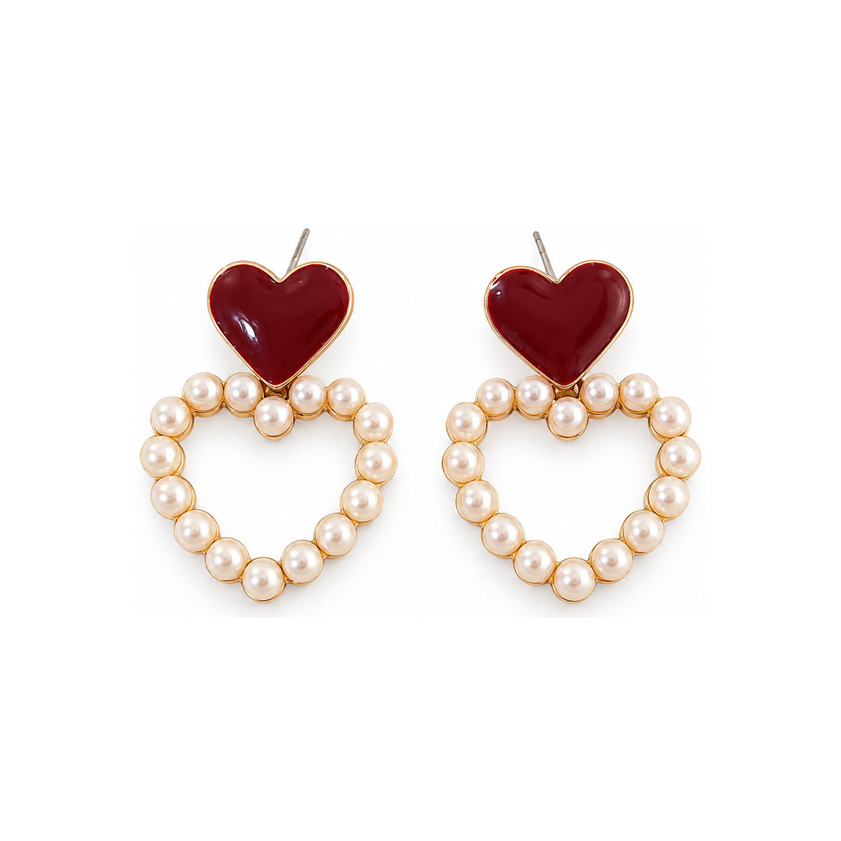 Burgundy Heart Pearl-Look Hoop Drop Earrings — front pair on white