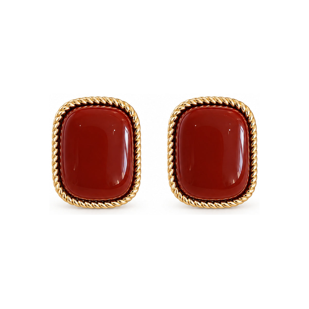 Burgundy Rectangle Gold-Tone Stud Earrings — front pair on white