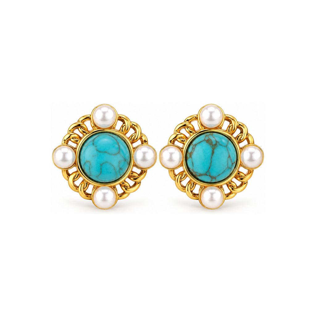 Turquoise-Tone Pearl-Look Floral Stud Earrings — front pair on white