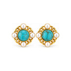Turquoise-Tone Pearl-Look Floral Stud Earrings — front pair on white