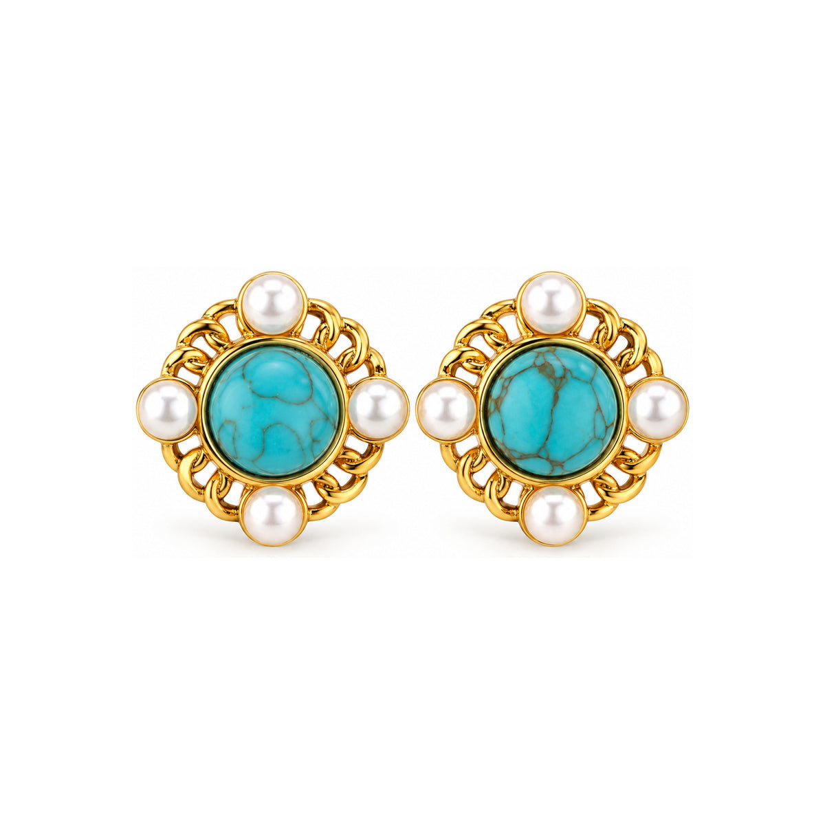 Turquoise-Tone Pearl-Look Floral Stud Earrings — front pair on white