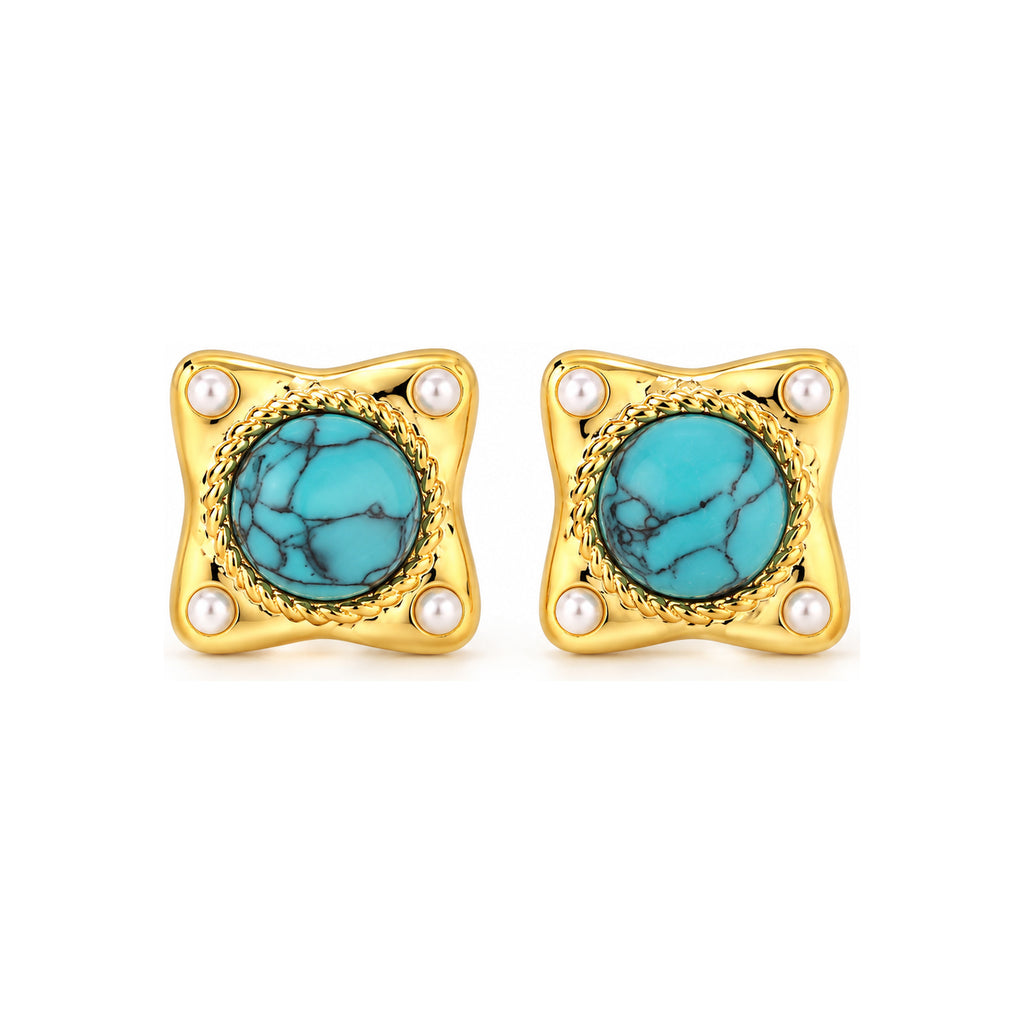 Turquoise-Tone Pearl-Look Corner Stud Earrings — front pair on white
