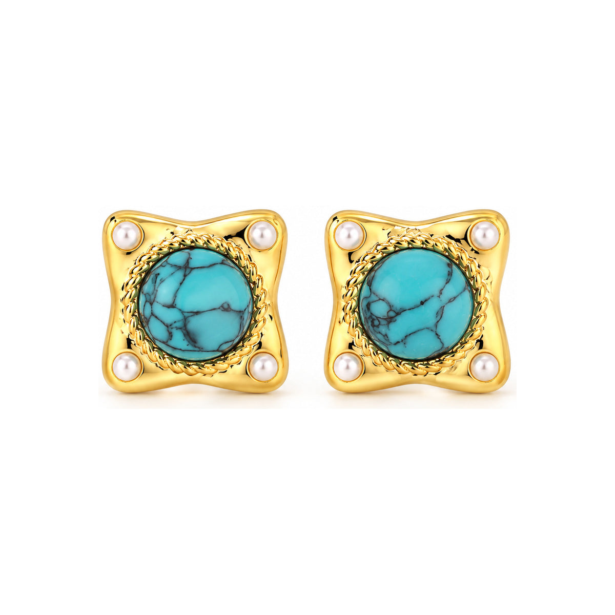 Turquoise-Tone Pearl-Look Corner Stud Earrings — front pair on white