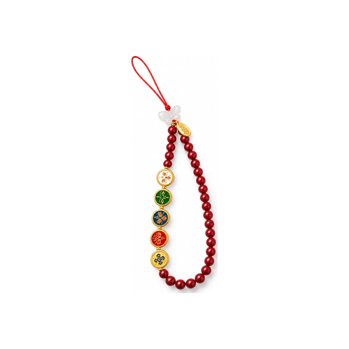 Red bead and five round disc phone charm with butterfly