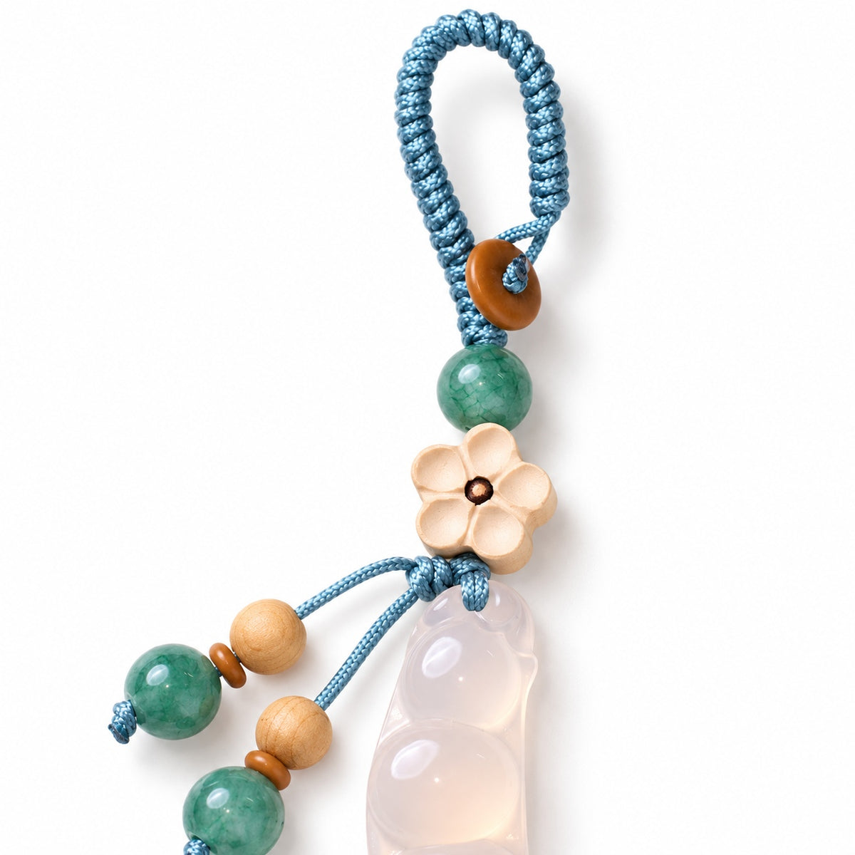 Pale bean pod and flower bag charm — connector detail