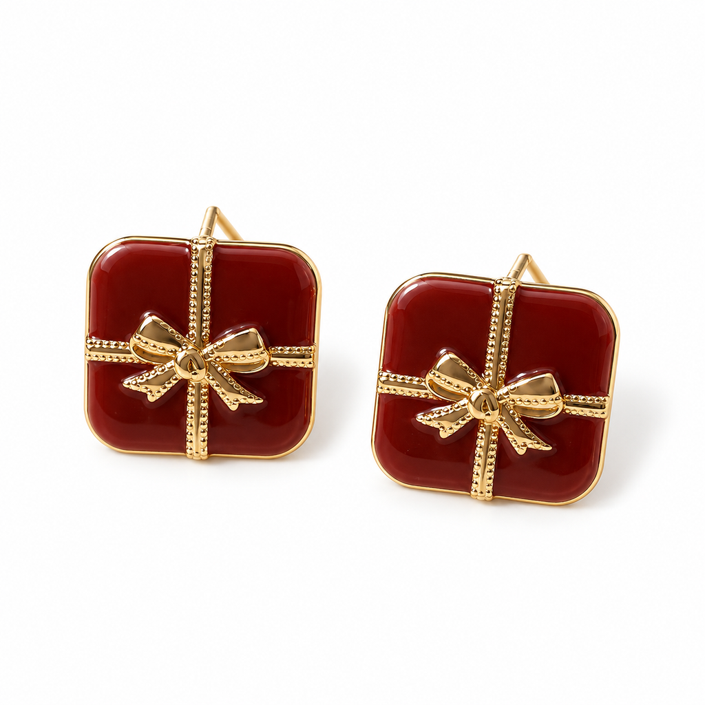 Burgundy Bow Square Stud Earrings — angled pair on white