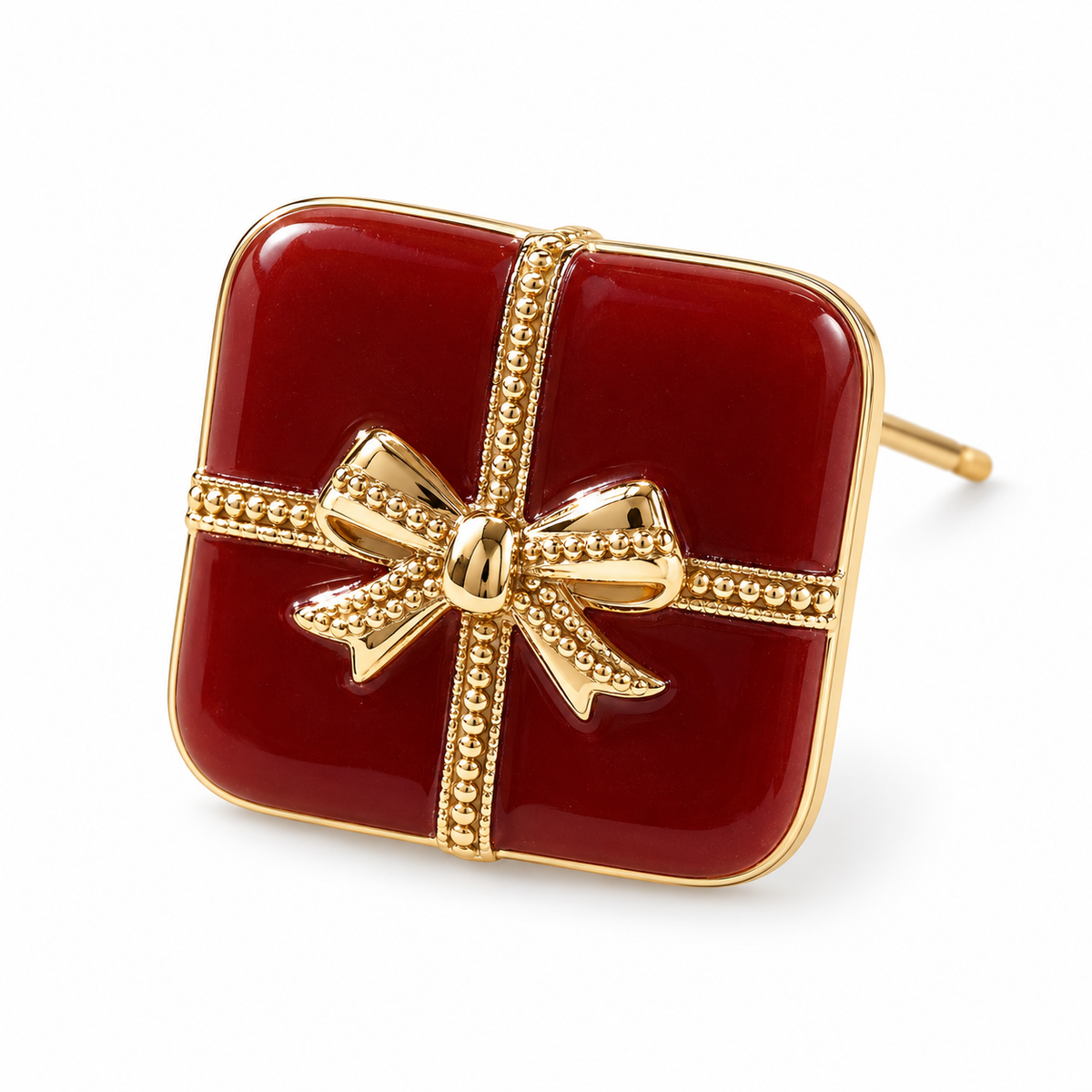 Burgundy Bow Square Stud Earrings — single earring close-up