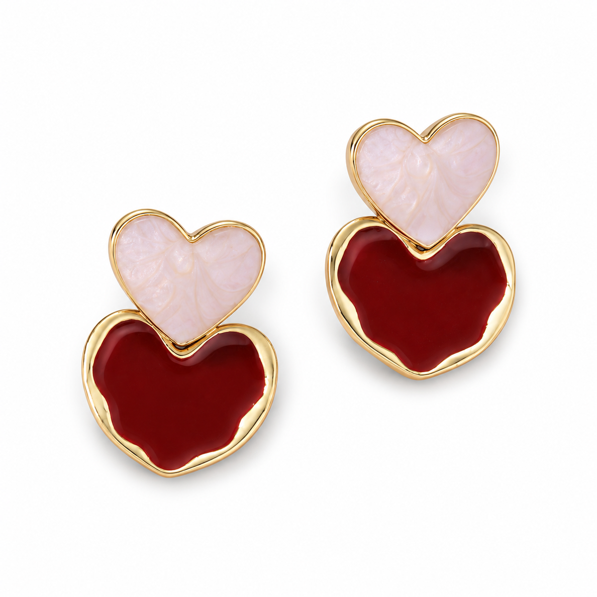 Burgundy Double Heart Drop Earrings — angled pair on white