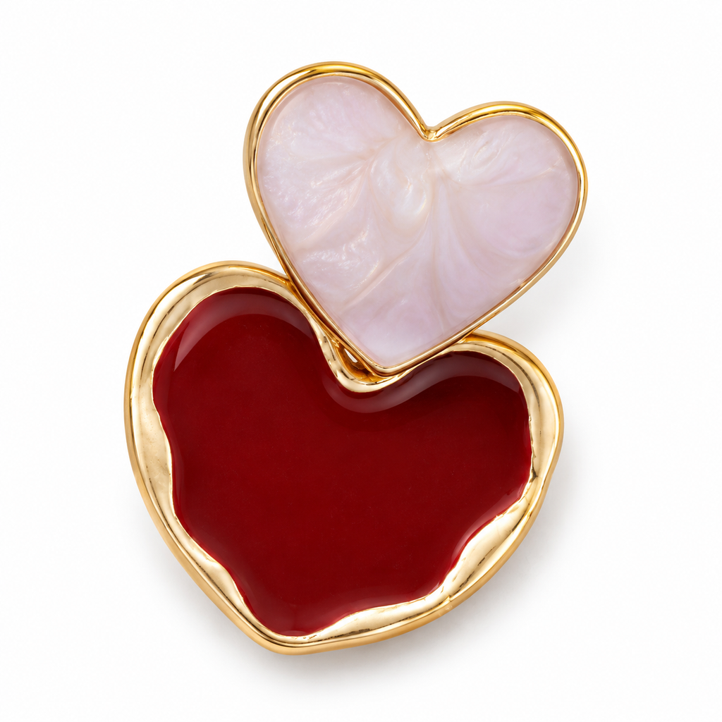 Burgundy Double Heart Drop Earrings — single earring close-up