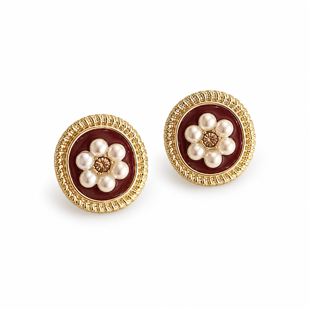 Burgundy Floral Pearl-Look Stud Earrings — angled pair on white