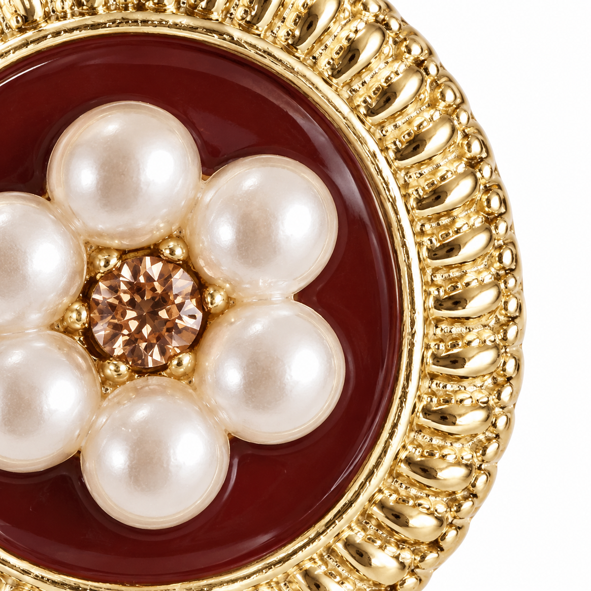 Burgundy Floral Pearl-Look Stud Earrings — front surface detail