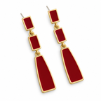 Burgundy Geometric Tiered Drop Earrings — angled pair on white
