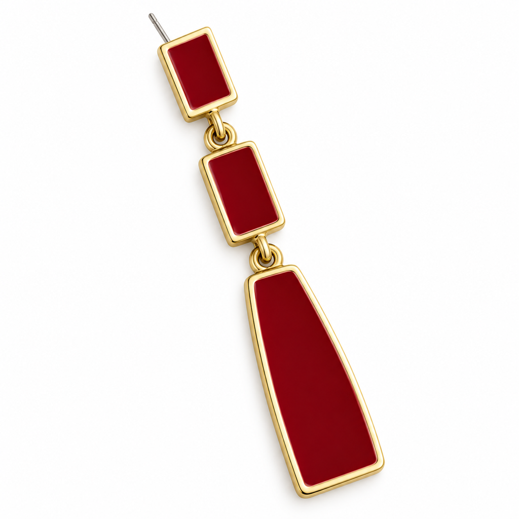 Burgundy Geometric Tiered Drop Earrings — single earring close-up