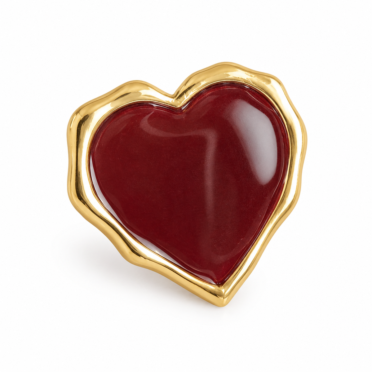 Burgundy Heart Gold-Tone Stud Earrings — single earring close-up