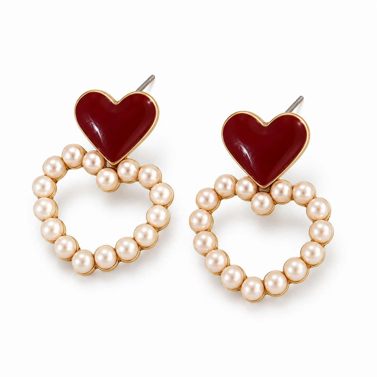 Burgundy Heart Pearl-Look Hoop Drop Earrings — angled pair on white
