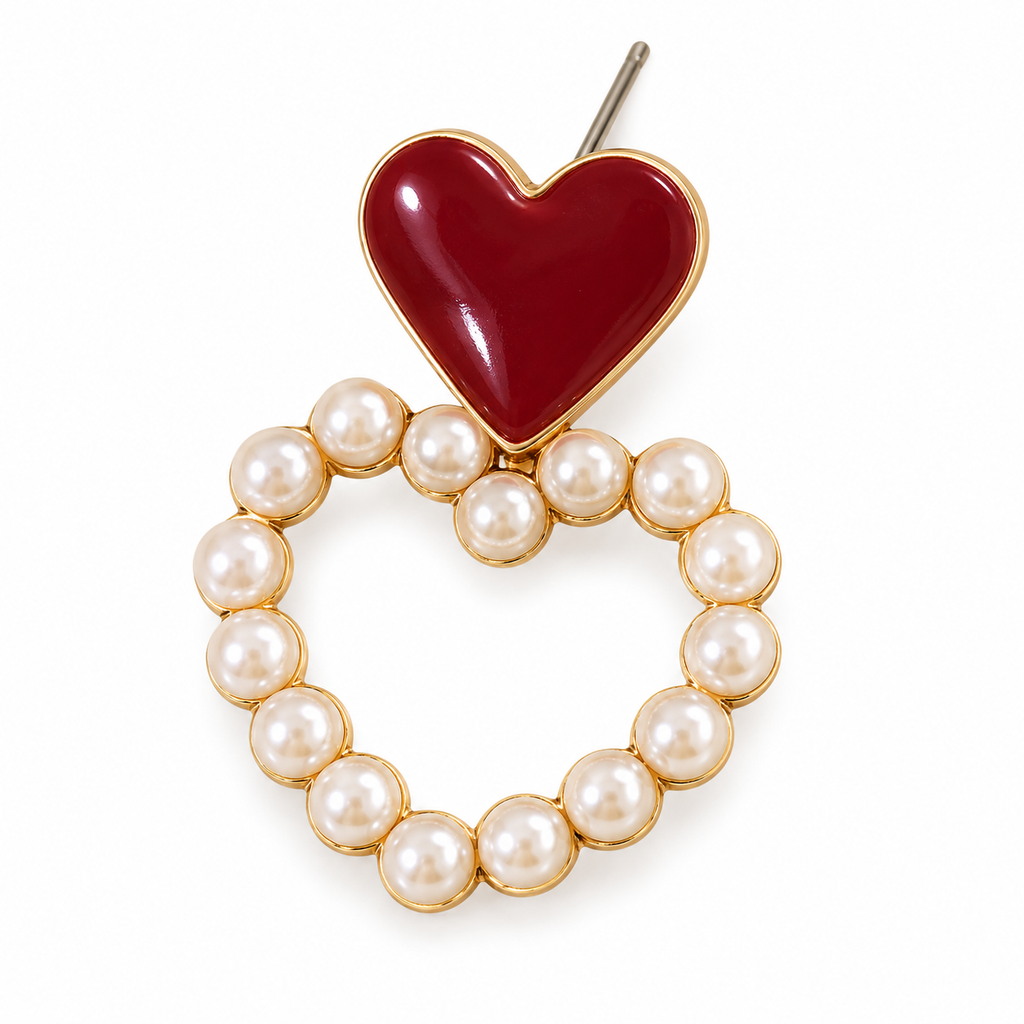 Burgundy Heart Pearl-Look Hoop Drop Earrings — single earring close-up