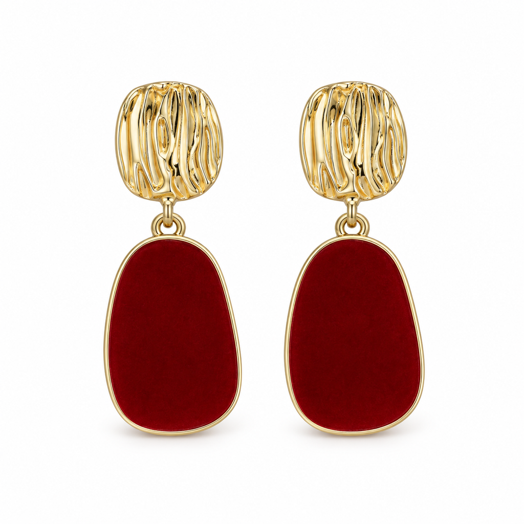 Burgundy Oval Gold-Tone Drop Earrings — front pair on white