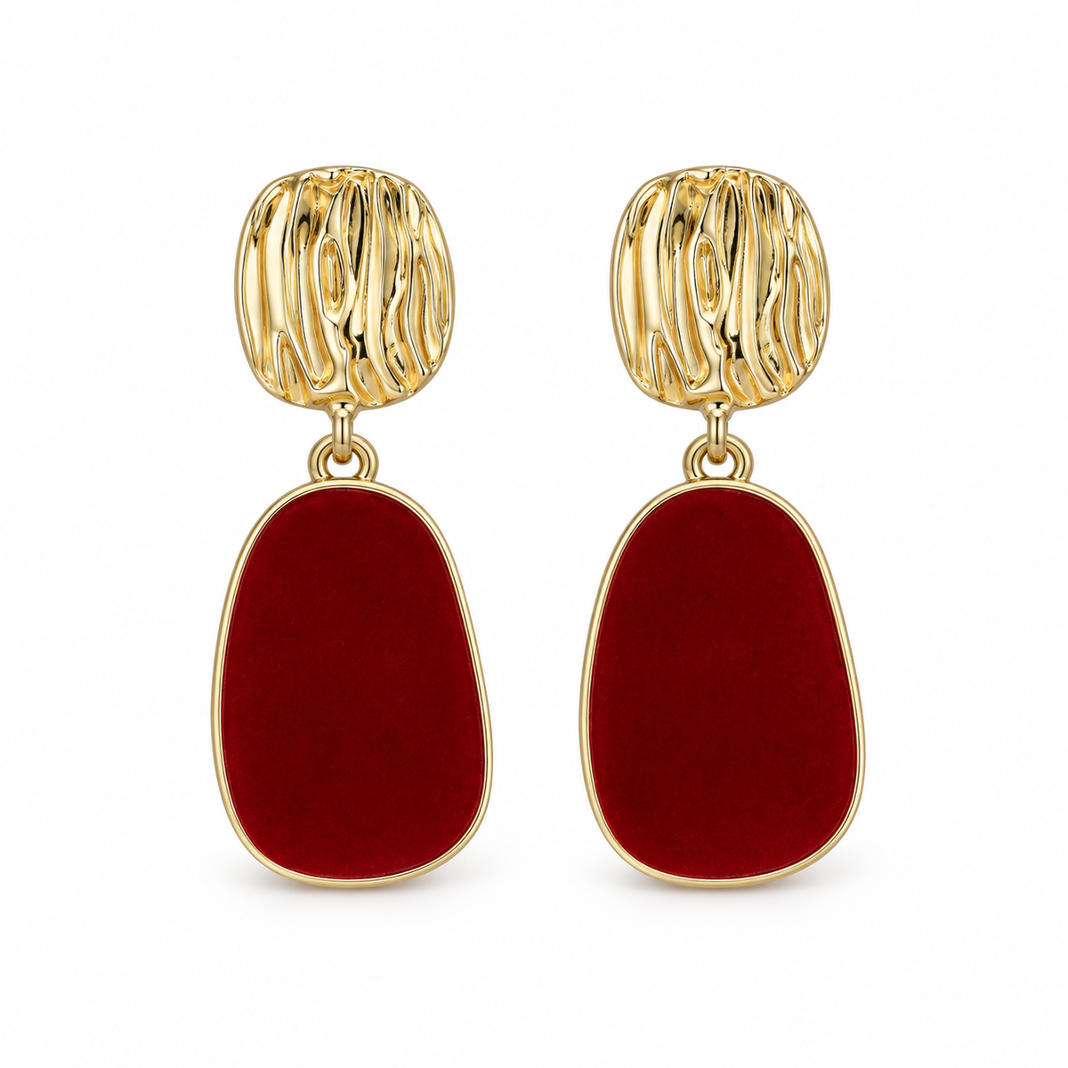 Burgundy Oval Gold-Tone Drop Earrings — front pair on white