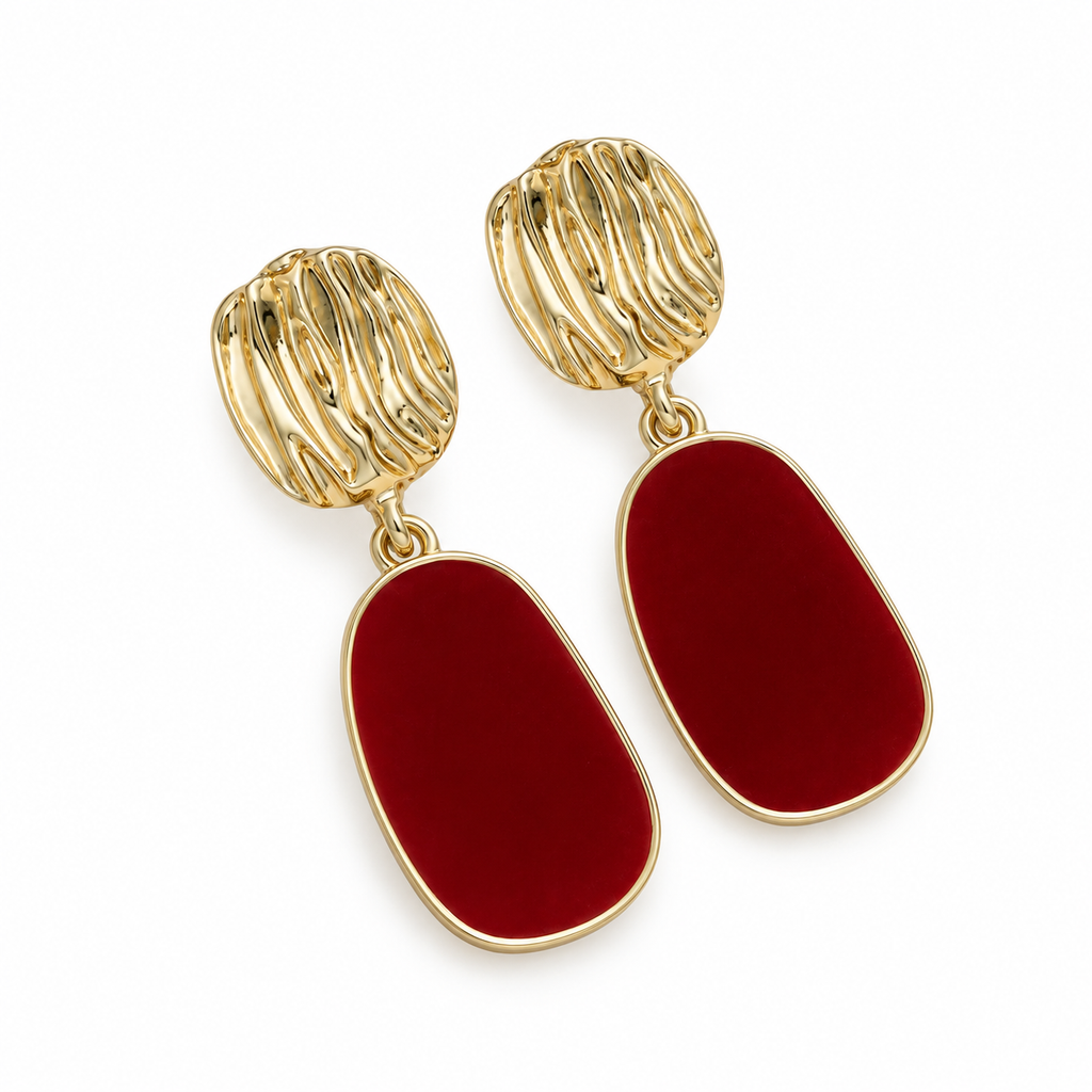 Burgundy Oval Gold-Tone Drop Earrings — angled pair on white