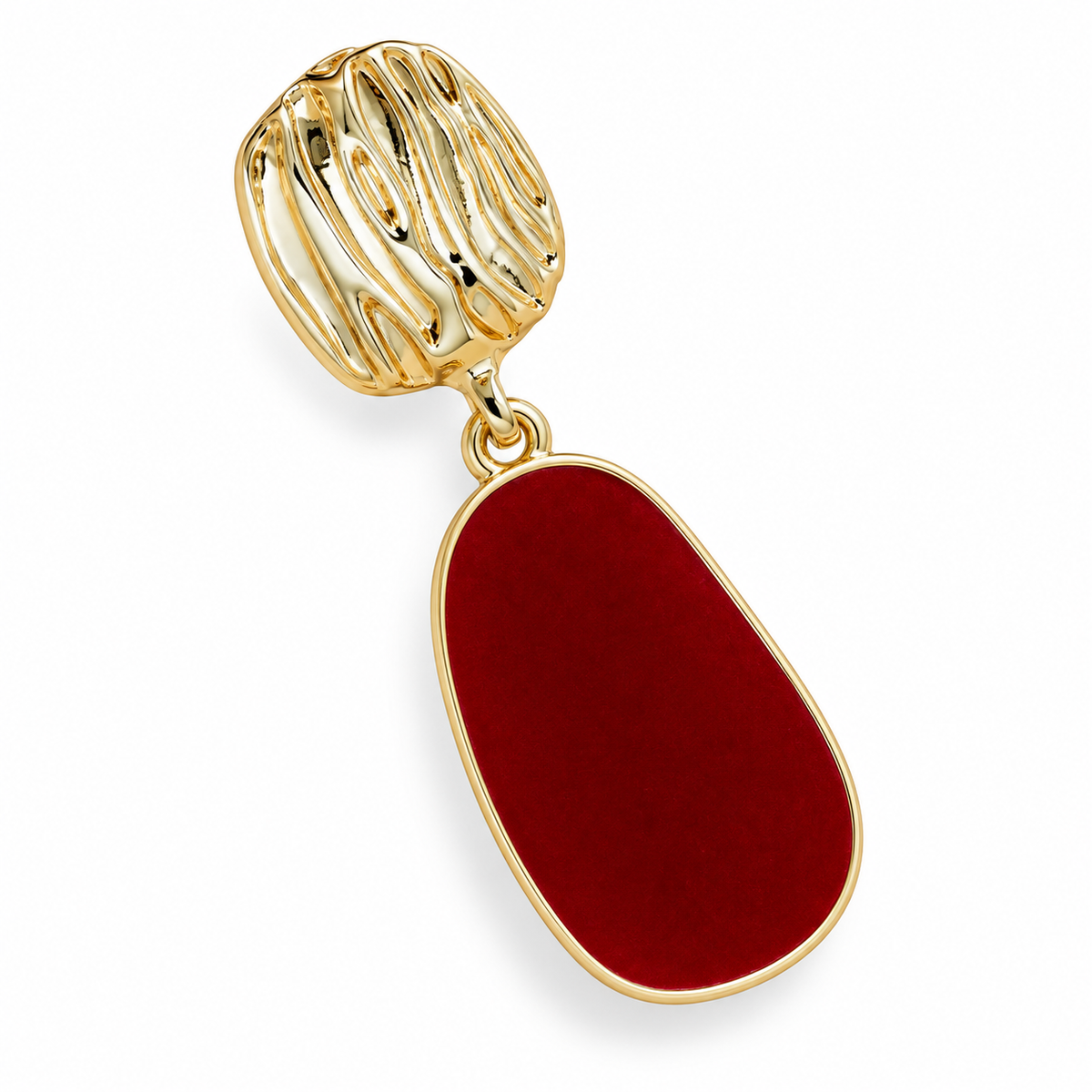 Burgundy Oval Gold-Tone Drop Earrings — single earring close-up