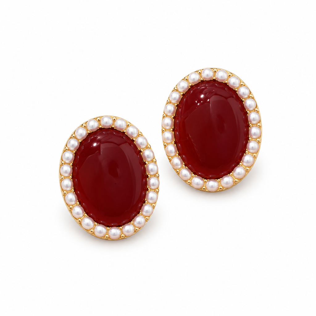 Burgundy Oval Halo Stud Earrings — angled pair on white