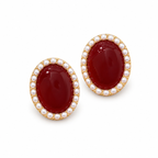 Burgundy Oval Halo Stud Earrings — angled pair on white
