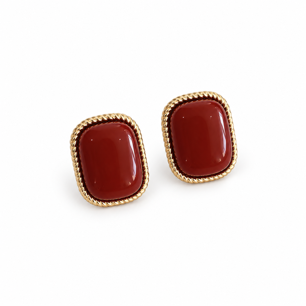 Burgundy Rectangle Gold-Tone Stud Earrings — angled pair on white