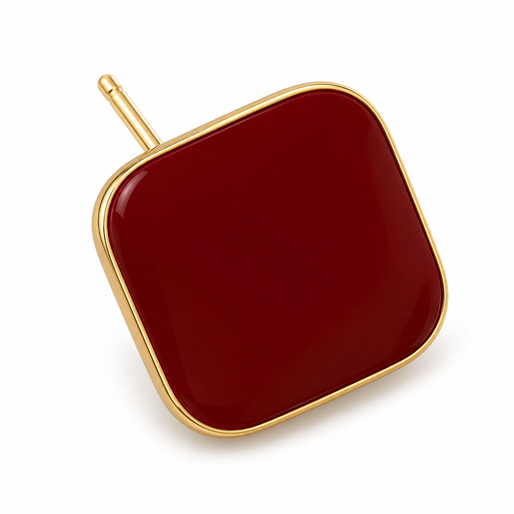 Burgundy Rounded Square Stud Earrings — single earring close-up
