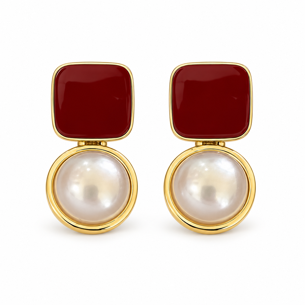 Burgundy Square Pearl-Look Drop Earrings — front pair on white