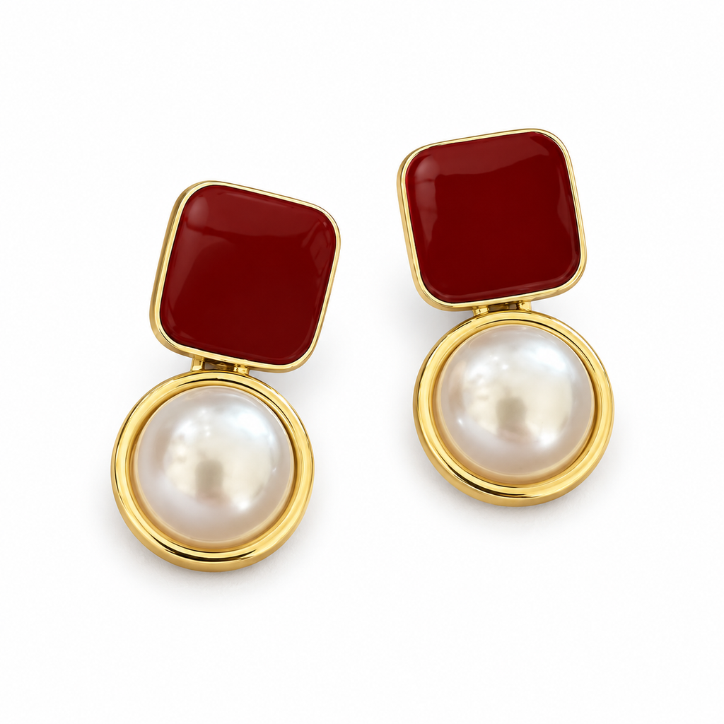 Burgundy Square Pearl-Look Drop Earrings — angled pair on white