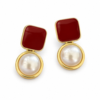 Burgundy Square Pearl-Look Drop Earrings — angled pair on white
