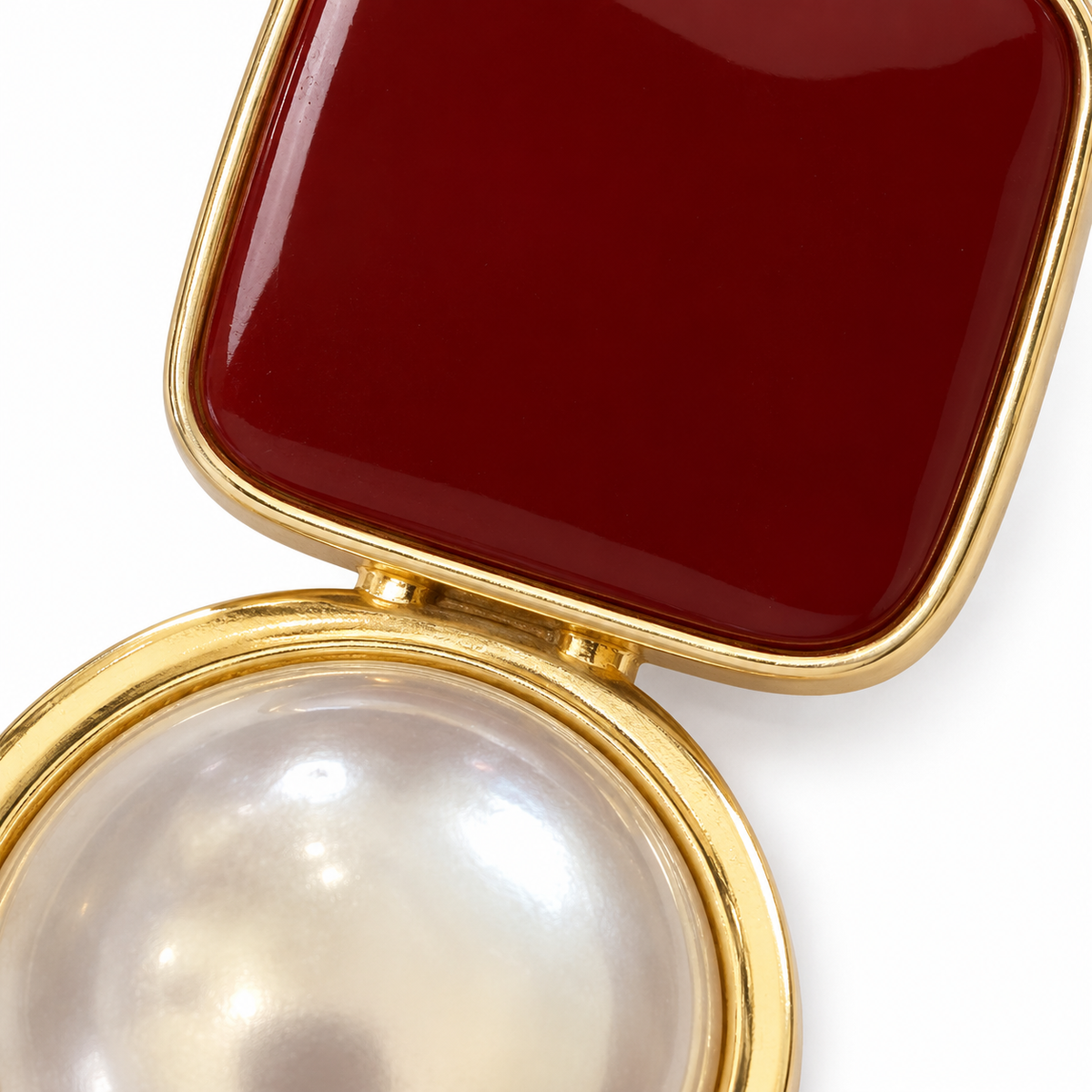 Burgundy Square Pearl-Look Drop Earrings — front surface detail