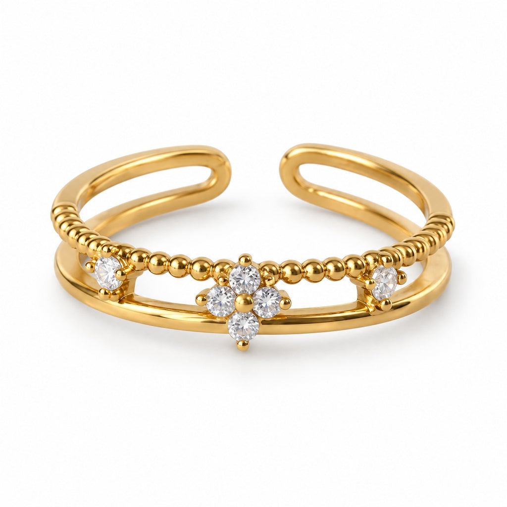 Clear Flower Double Band Adjustable Ring — elevated view