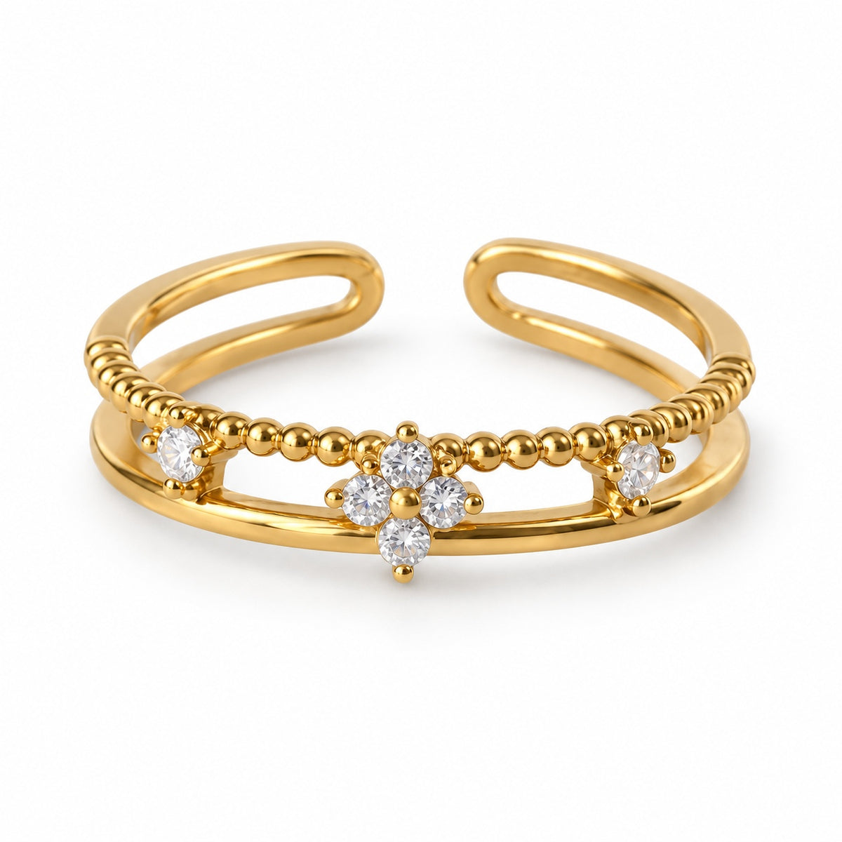 Clear Flower Double Band Adjustable Ring — elevated view