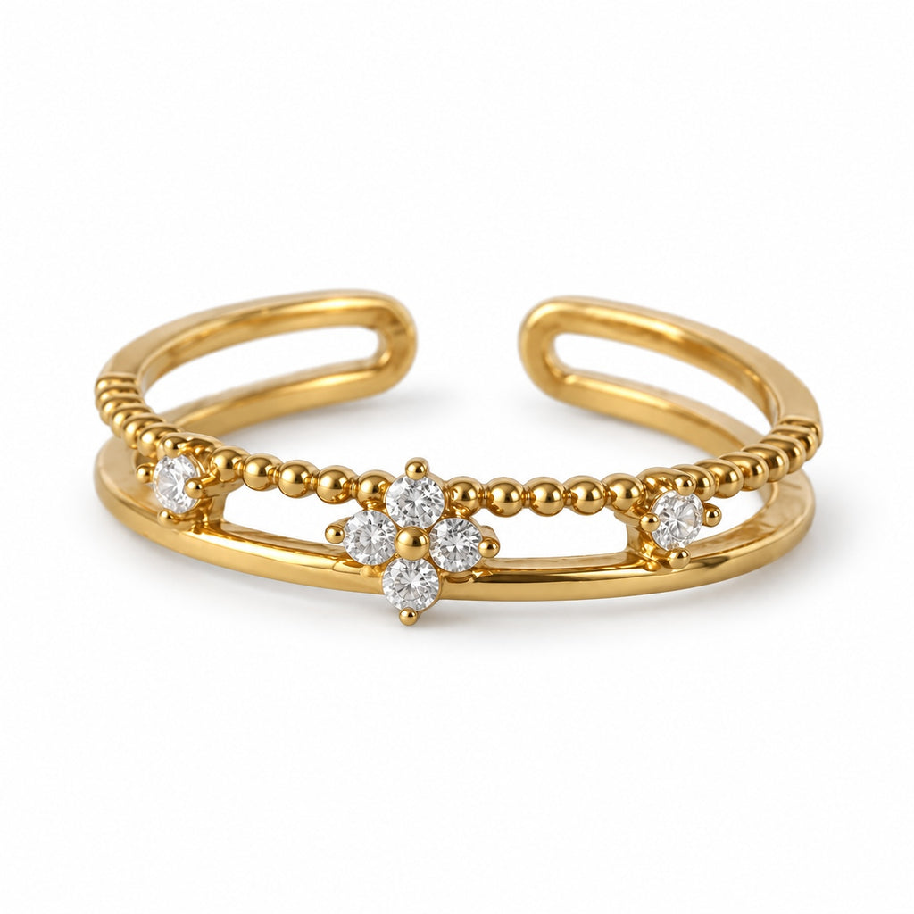 Clear Flower Double Band Adjustable Ring — left view