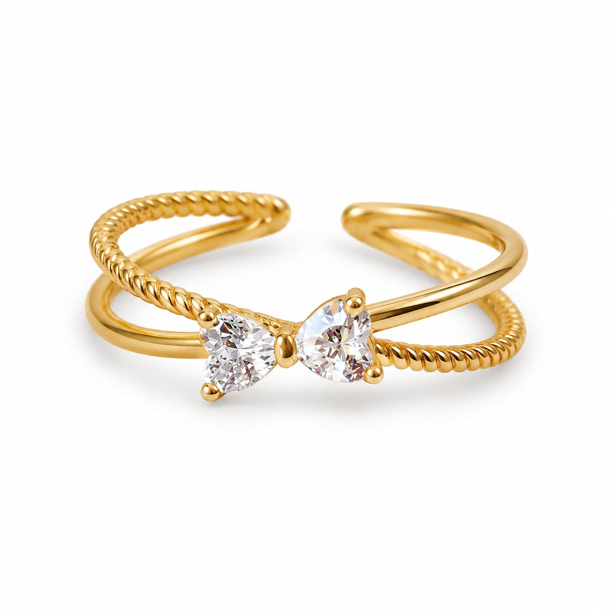 Clear Twin Heart Crossover Adjustable Ring — elevated view