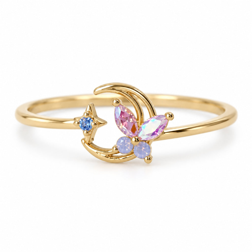 Crescent butterfly gold-tone adjustable ring with pink and blue accents — detail view