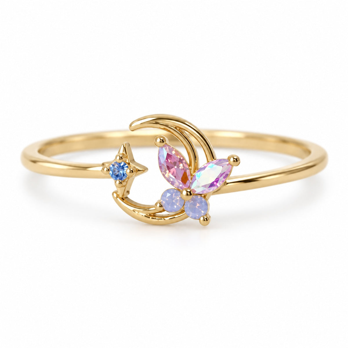 Crescent butterfly gold-tone adjustable ring with pink and blue accents — detail view