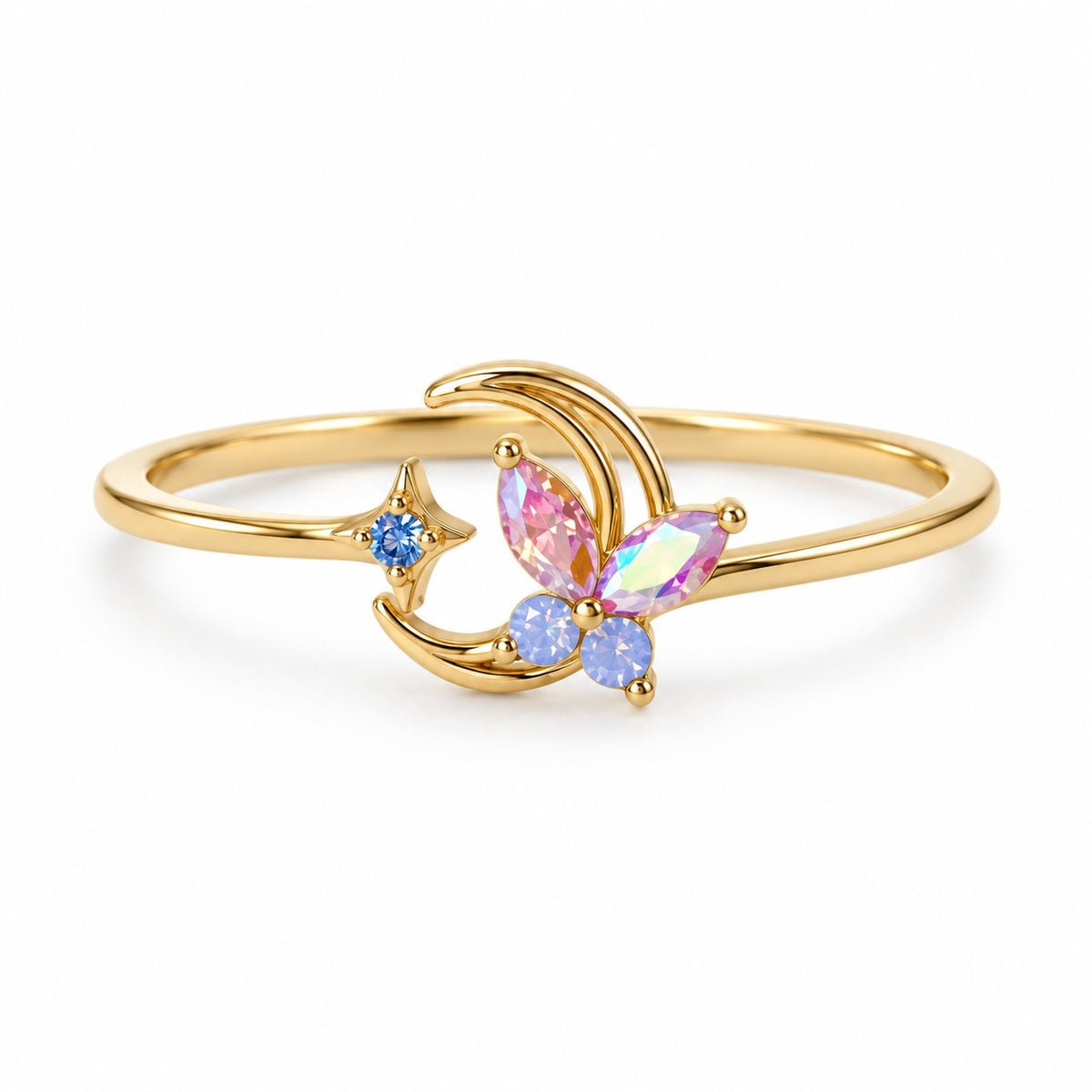Crescent butterfly gold-tone adjustable ring with pink and blue accents — elevated view