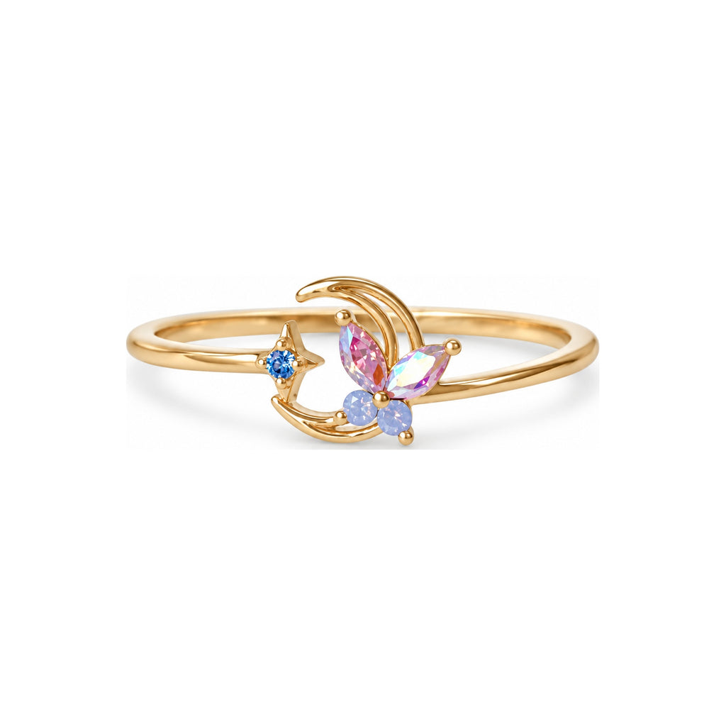 Crescent butterfly gold-tone adjustable ring with pink and blue accents — hero view