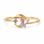 Crescent butterfly gold-tone adjustable ring with pink and blue accents — left view