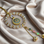 Blue lotus medallion and faceted bead detail